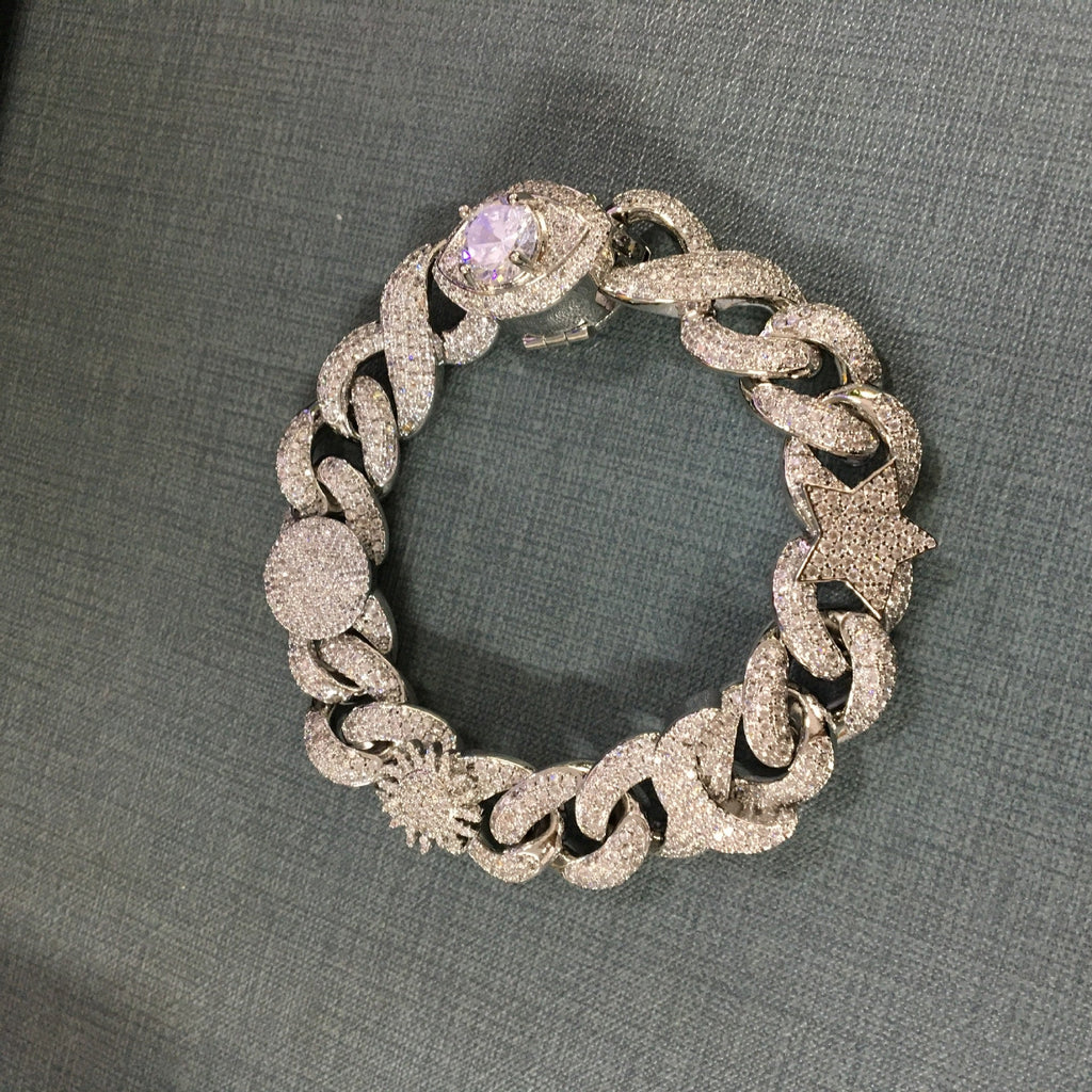 Hip-hop zircon-encrusted sun, star and eye necklace