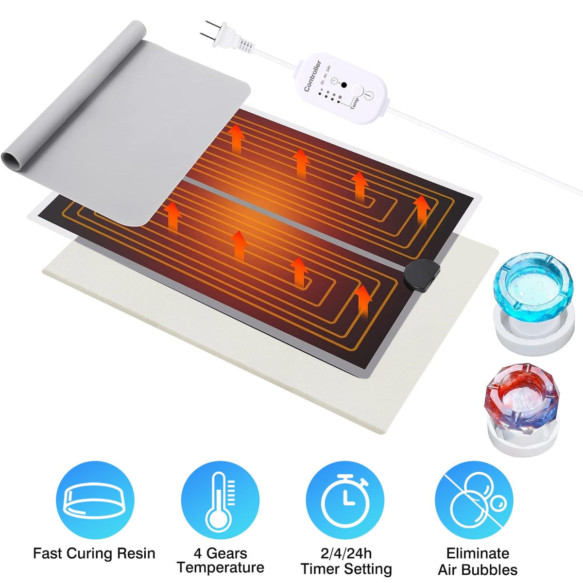 Resin Heating Mat with Smart Timer Setting Resin Curing Machine Silicone Mat Resin Dryer 4 Gear Temperature Adjustment for Resin Mold Silicone Mold Ep